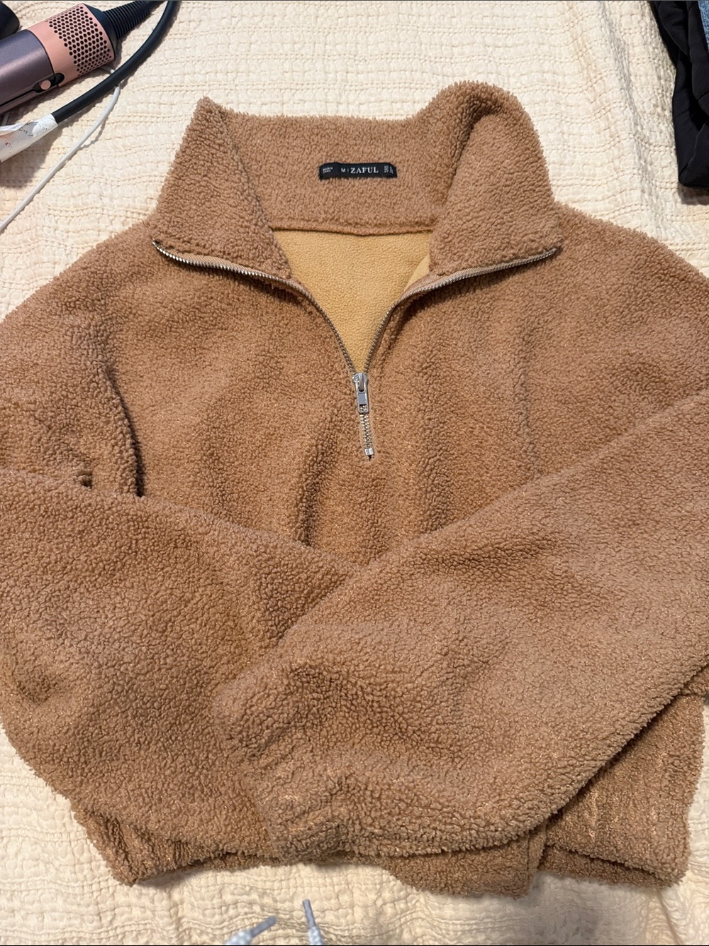 Zaful Brown Sherpa Zip-Up Pullover Jacket